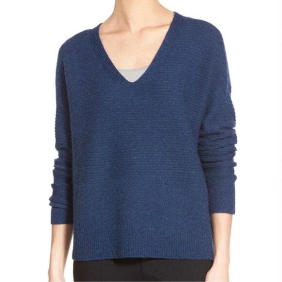 Eileen Fisher Boxy Wool Alpaca Yak V-Neck Sweater Navy Blue Large - Picture 1 of 7